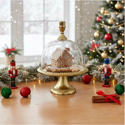 Elegant metal cake stand with clear glass dome for dessert serving and table display. - 3
