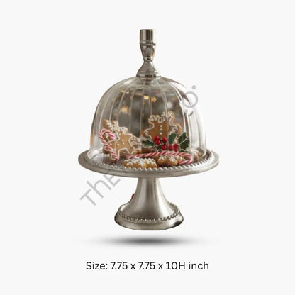 Elegant metal cake stand with clear glass dome for dessert serving and table display. - 5