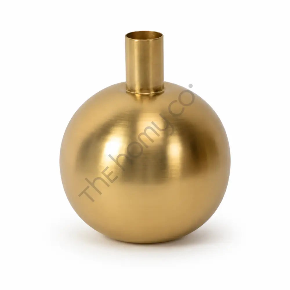 Minimalist round gold metal decorative vase with a smooth metallic finish for modern home decor.
