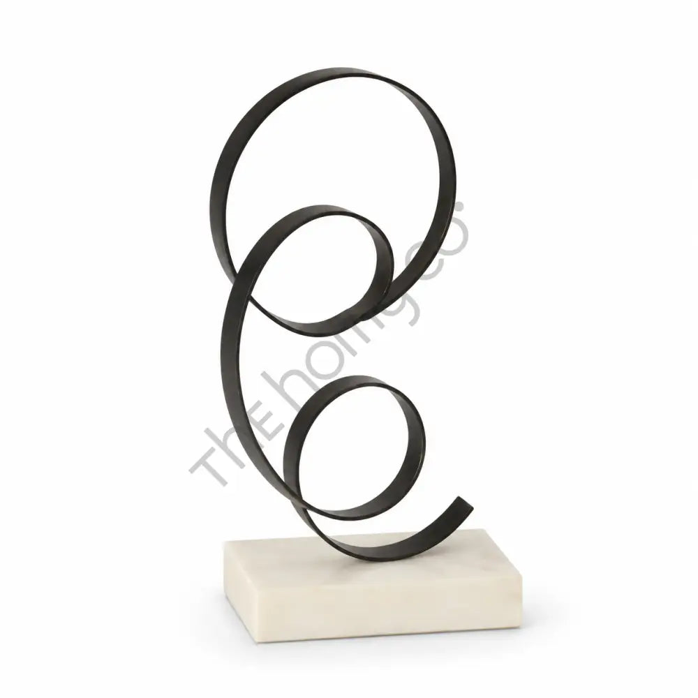 Modern abstract metal sculpture with black circular loops and a solid marble base for contemporary home decor.