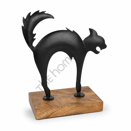 Modern black cat silhouette sculpture on a natural wooden base for minimalist tabletop decor. - 2