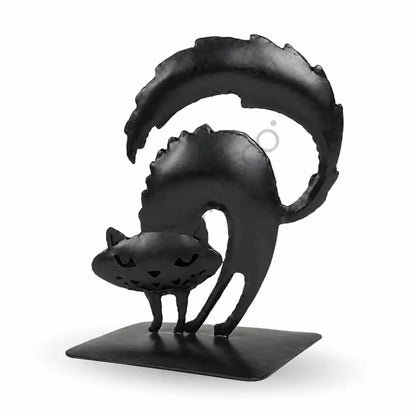Modern black metal cat statue with abstract silhouette and matte finish for Halloween and gothic home decor. - 2