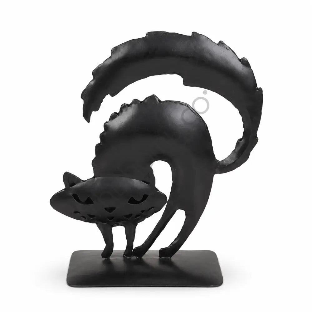 Modern black metal cat statue with abstract silhouette and matte finish for Halloween and gothic home decor.