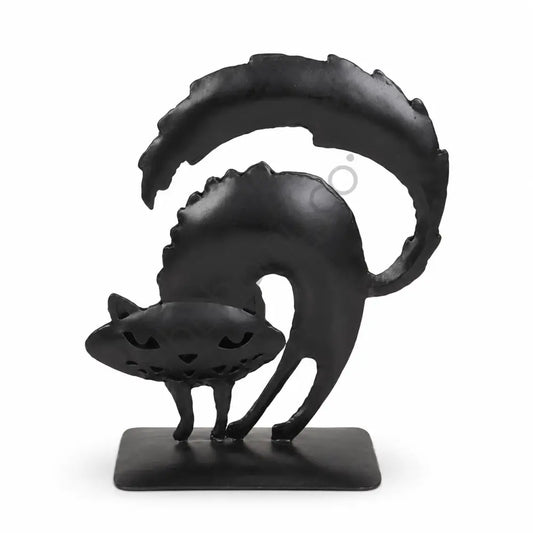 Modern black metal cat statue with abstract silhouette and matte finish for Halloween and gothic home decor.