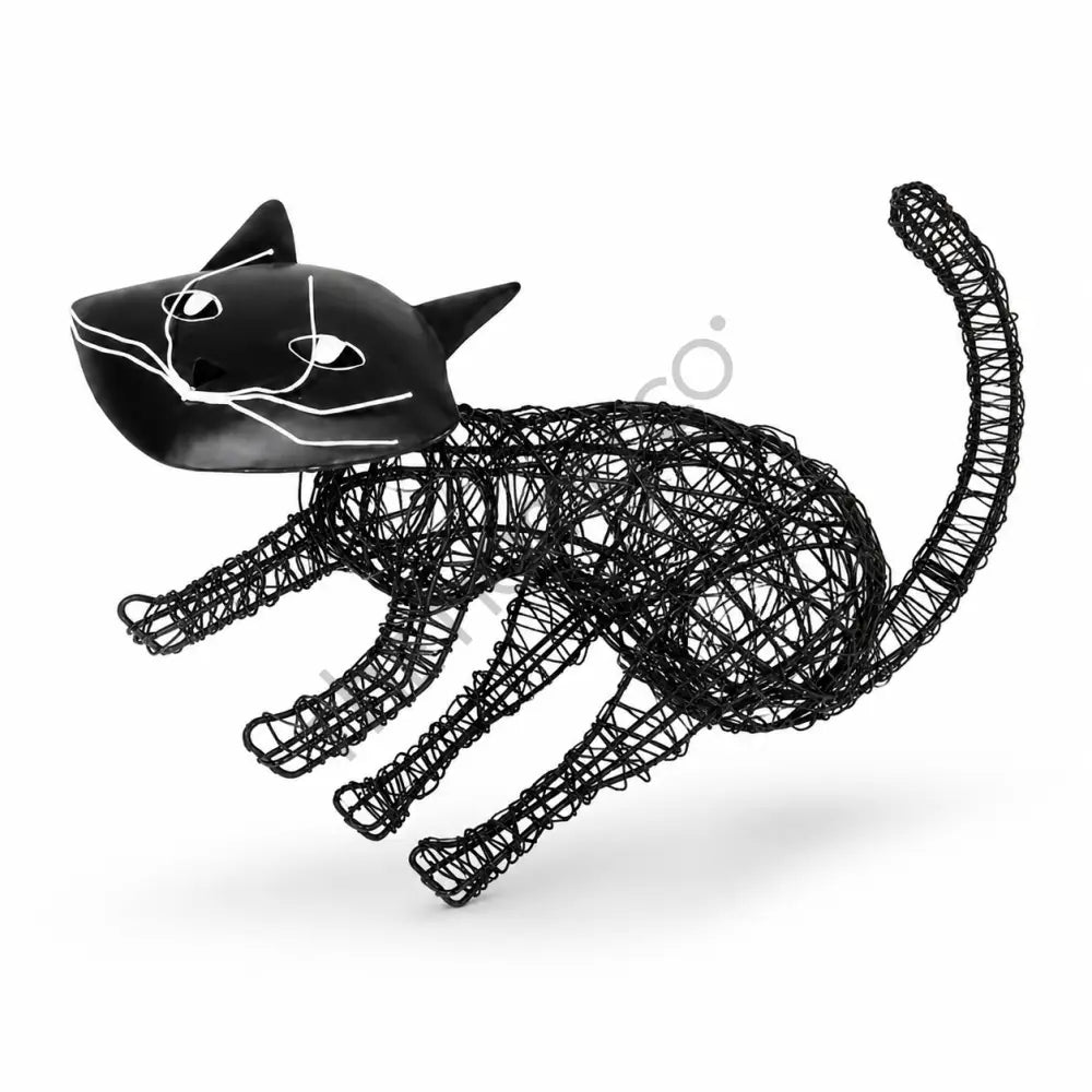 Modern black wire cat sculpture with abstract open-frame design for minimalist home decor. - 2