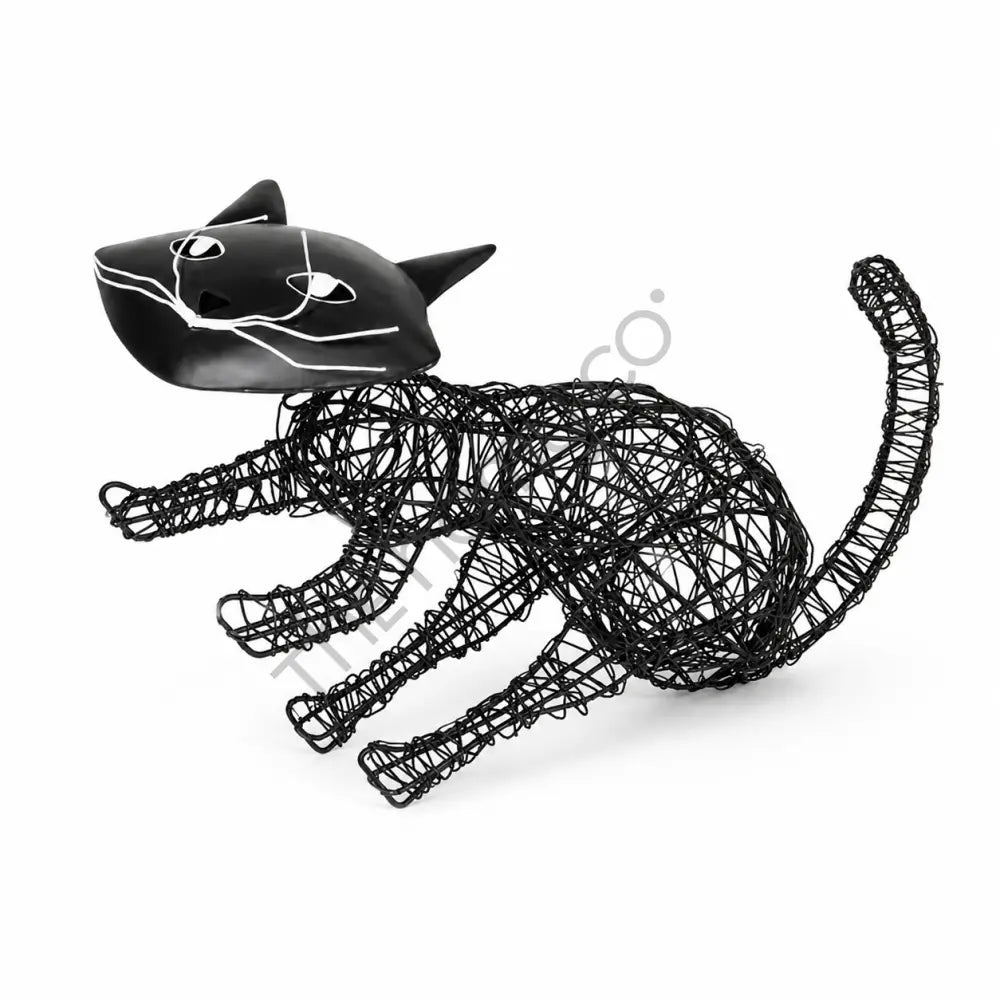 Modern black wire cat sculpture with abstract open-frame design for minimalist home decor.
