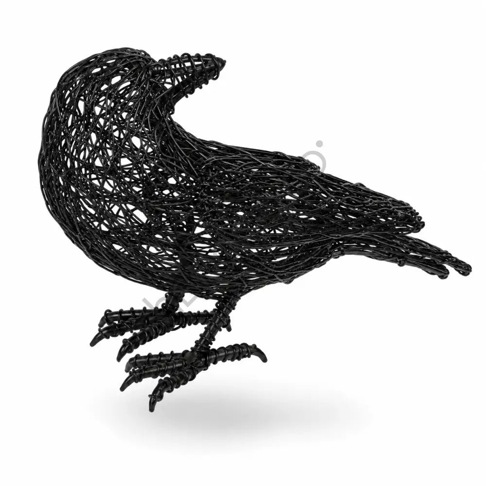 Handcrafted matte black wire crow sculpture with a minimalist open-frame design for modern tabletop decor. - 3