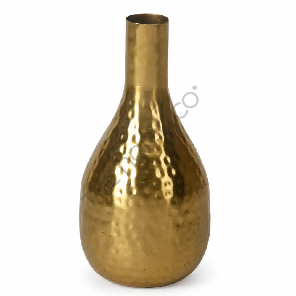 Modern decorative hammered gold metal bottle vase with a textured finish for home decor.