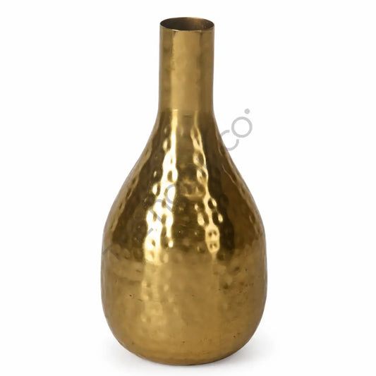Modern decorative hammered gold metal bottle vase with a textured finish for home decor.