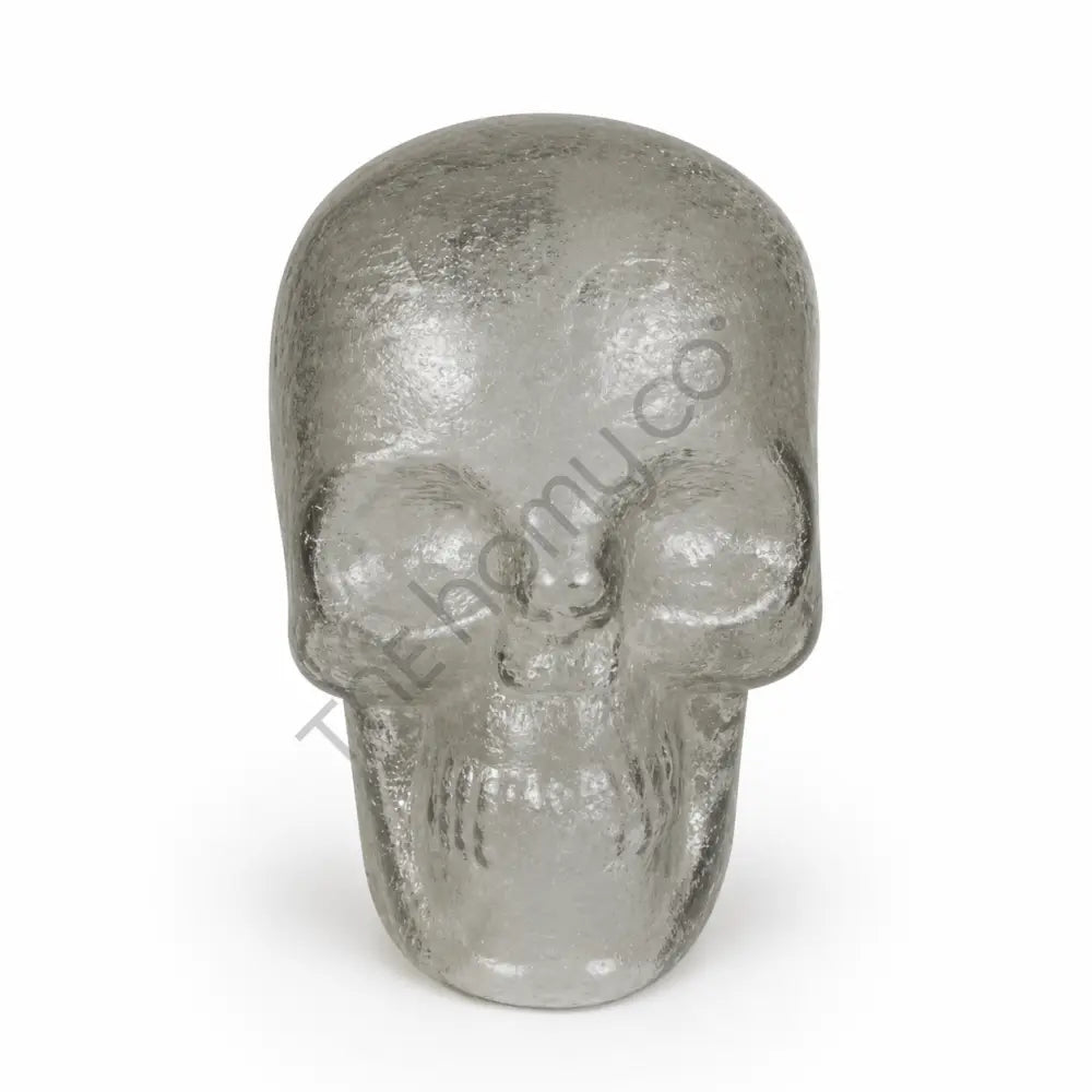 Modern glass skull sculpture with a transparent textured finish for contemporary home decor.