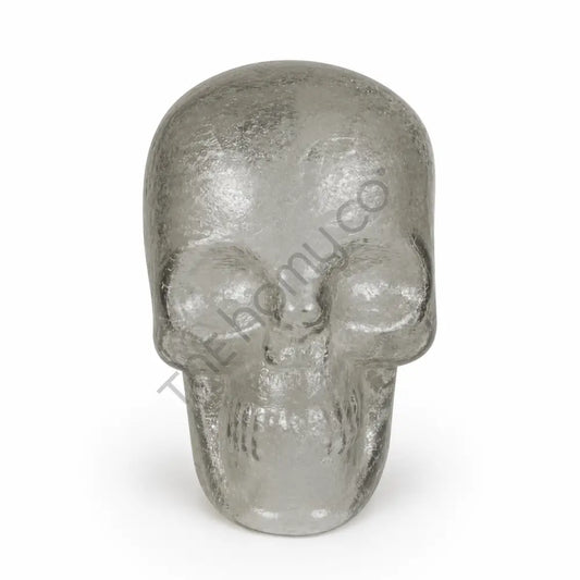 Modern glass skull sculpture with a transparent textured finish for contemporary home decor.