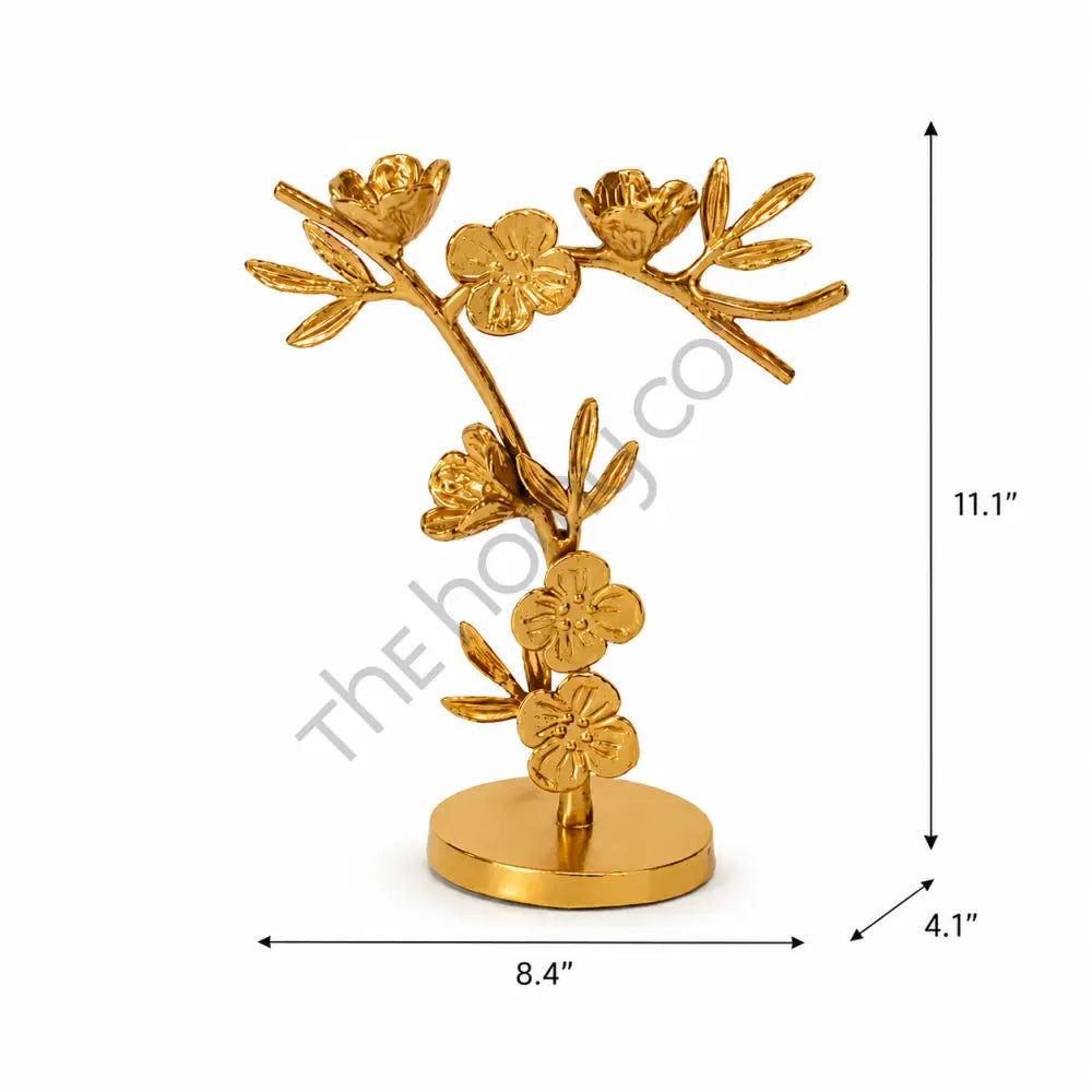 Modern gold metal floral branch sculpture with blooming flower details for contemporary tabletop home decor. - 3