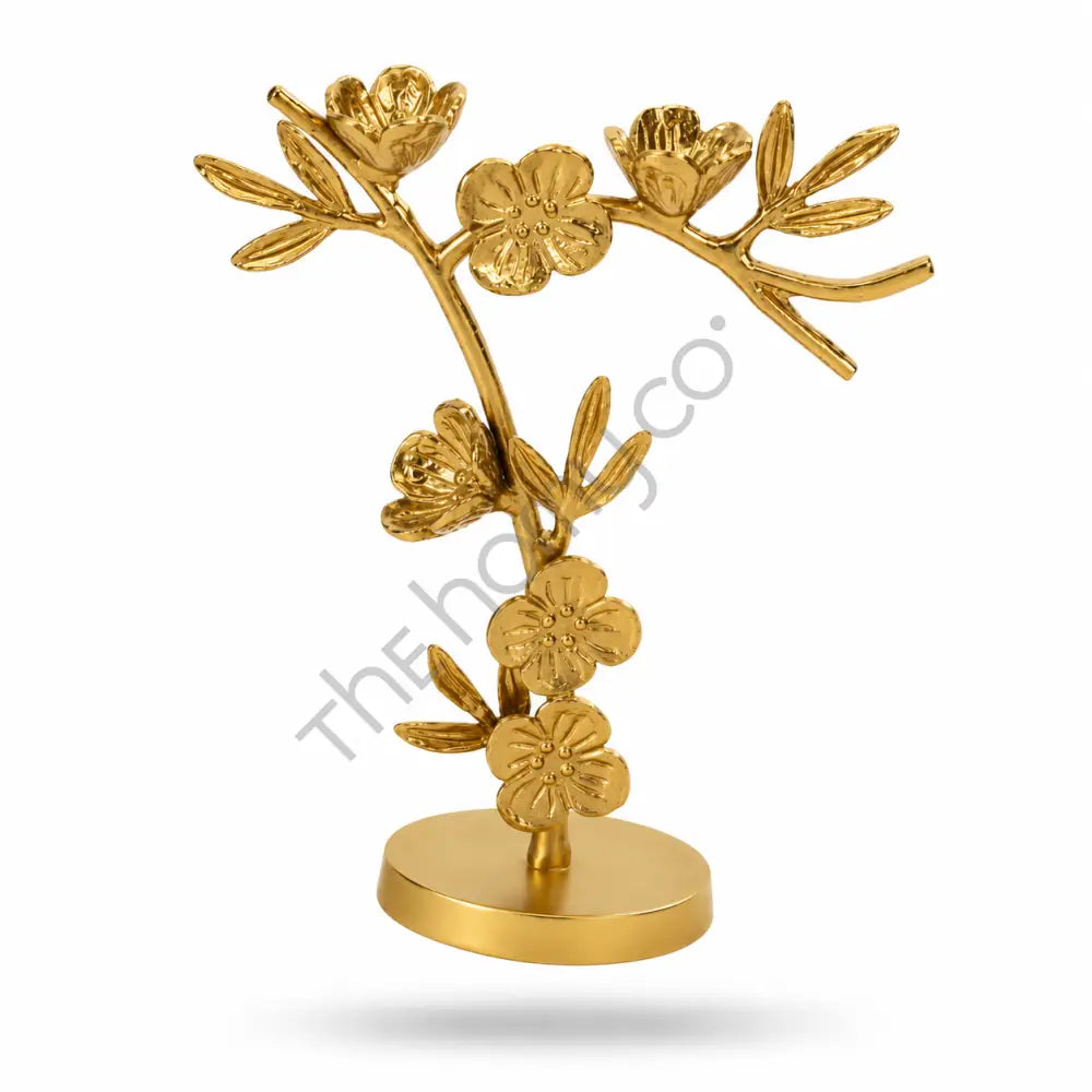Modern gold metal floral branch sculpture with blooming flower details for contemporary tabletop home decor. - 2