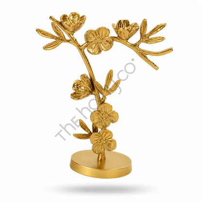 Modern gold metal floral branch sculpture with blooming flower details for contemporary tabletop home decor. - 2