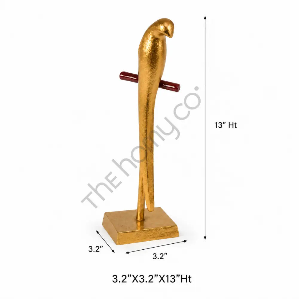 Modern gold metal parrot sculpture on a sleek stand for contemporary home and office decor. - 3