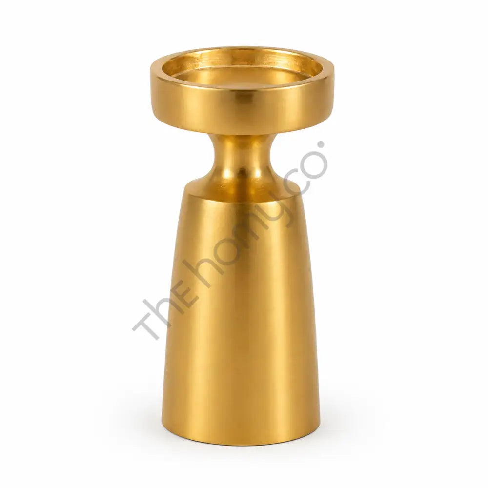 Modern gold minimalist metal candle holder with a sleek silhouette and metallic finish for elegant home decor.