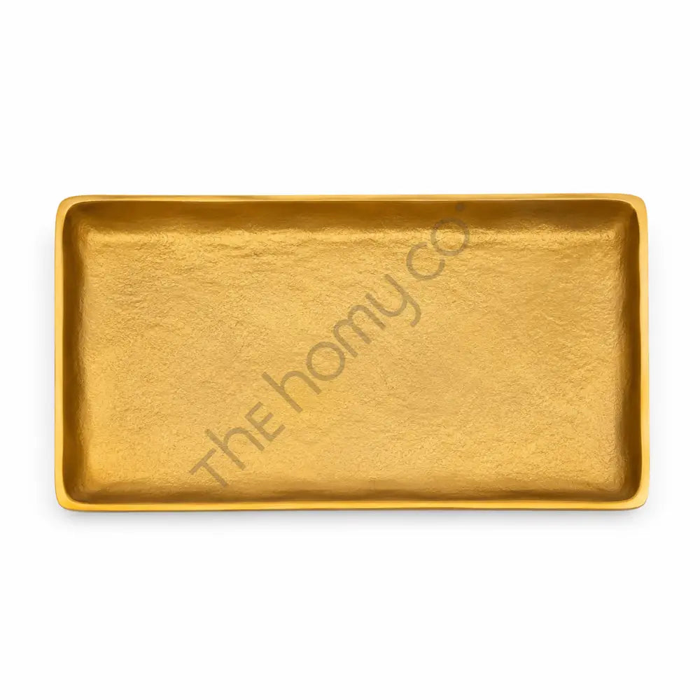 Modern gold rectangular hammered decorative serving tray for home decor and vanity organization.