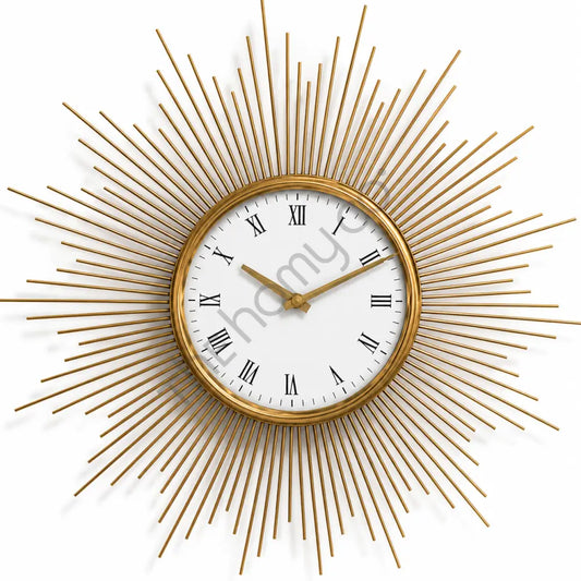 Modern gold sunburst wall clock with a round metal frame and Roman numeral dial for luxury home decor. - 2
