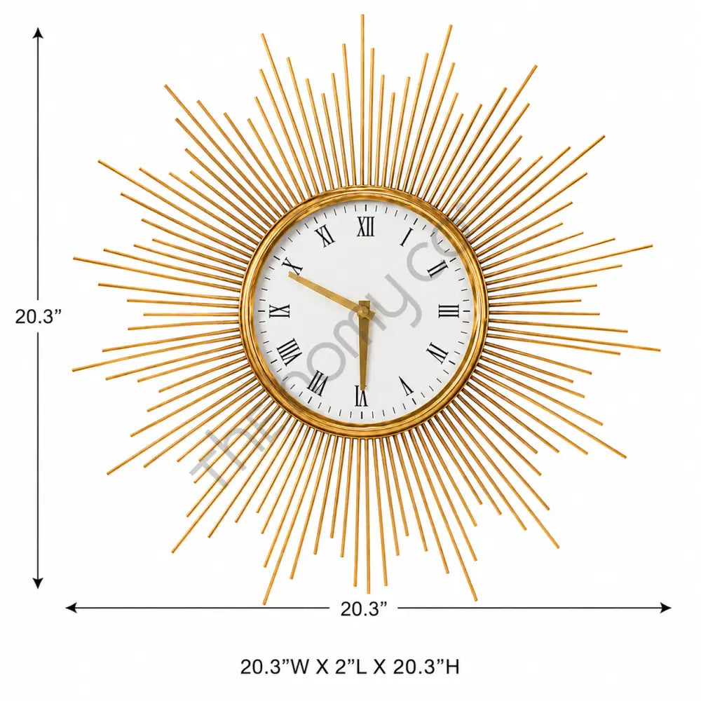 Modern gold sunburst wall clock with a round metal frame and Roman numeral dial for luxury home decor. - 3