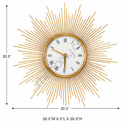 Modern gold sunburst wall clock with a round metal frame and Roman numeral dial for luxury home decor. - 3