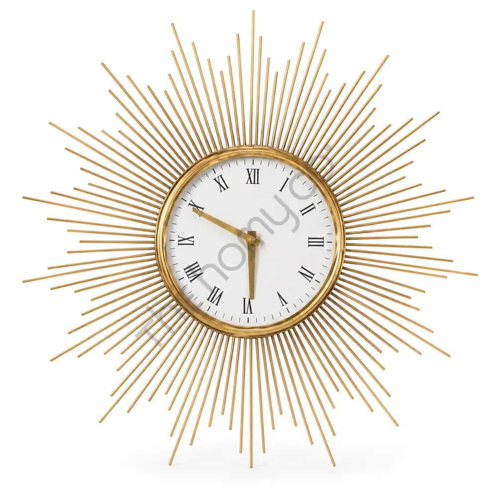 Modern gold sunburst wall clock with a round metal frame and Roman numeral dial for luxury home decor.