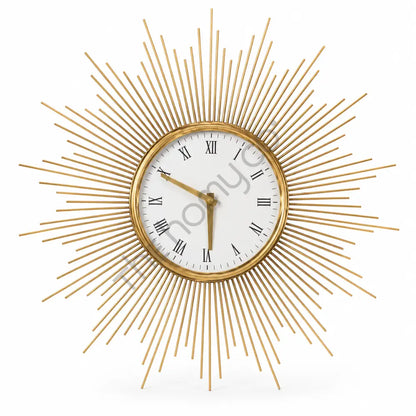 Modern gold sunburst wall clock with a round metal frame and Roman numeral dial for luxury home decor.