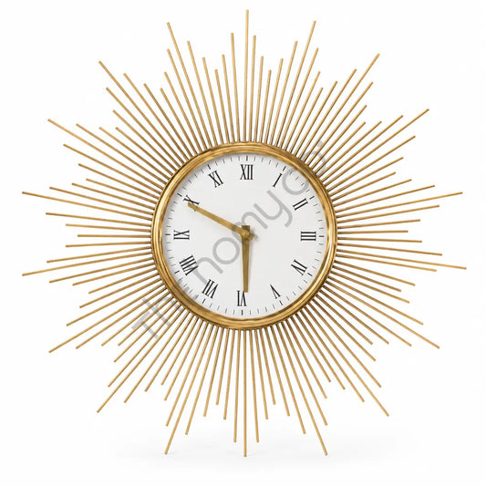 Modern gold sunburst wall clock with a round metal frame and Roman numeral dial for luxury home decor.