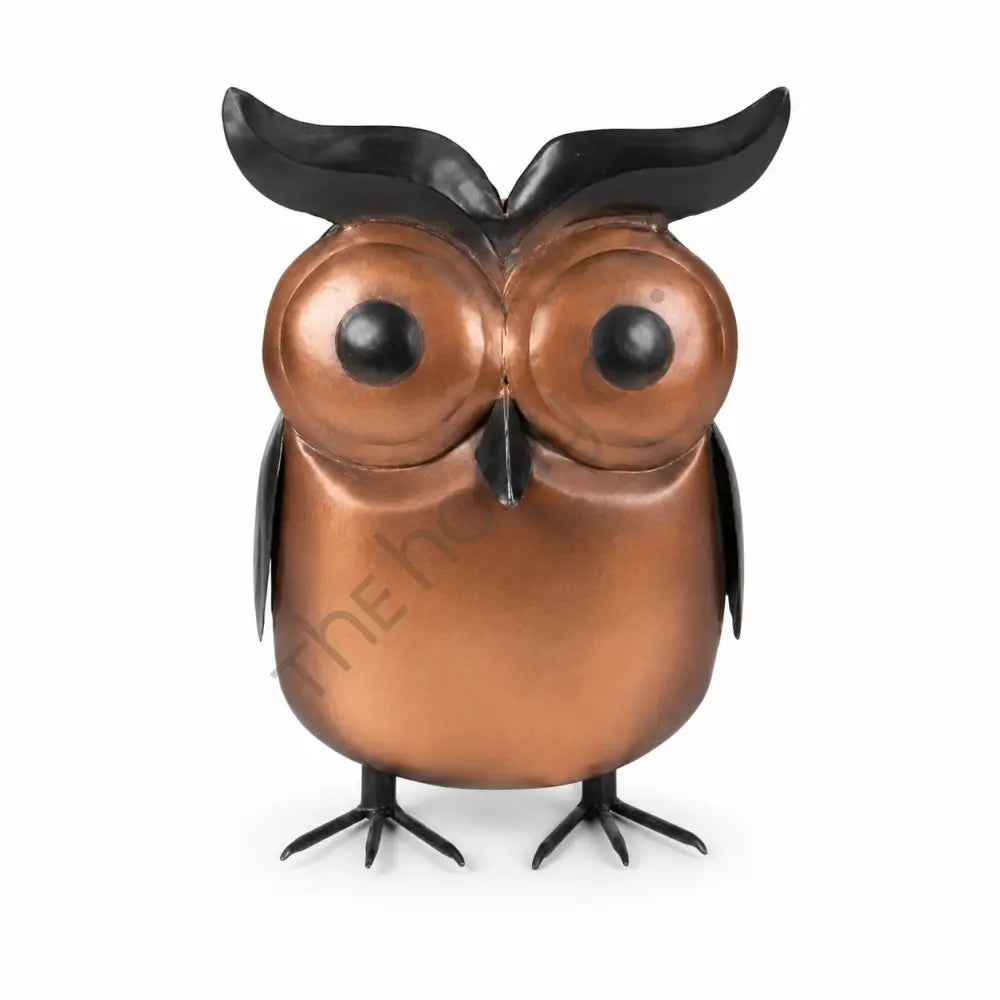 Modern rustic brown metal owl figurine showpiece with expressive black eyes for home and office decor.