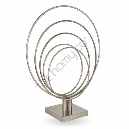 Modern abstract silver metal ring sculpture with a brushed finish on a sturdy black base for contemporary home decor. - 2