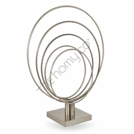 Modern abstract silver metal ring sculpture with a brushed finish on a sturdy black base for contemporary home decor. - 2