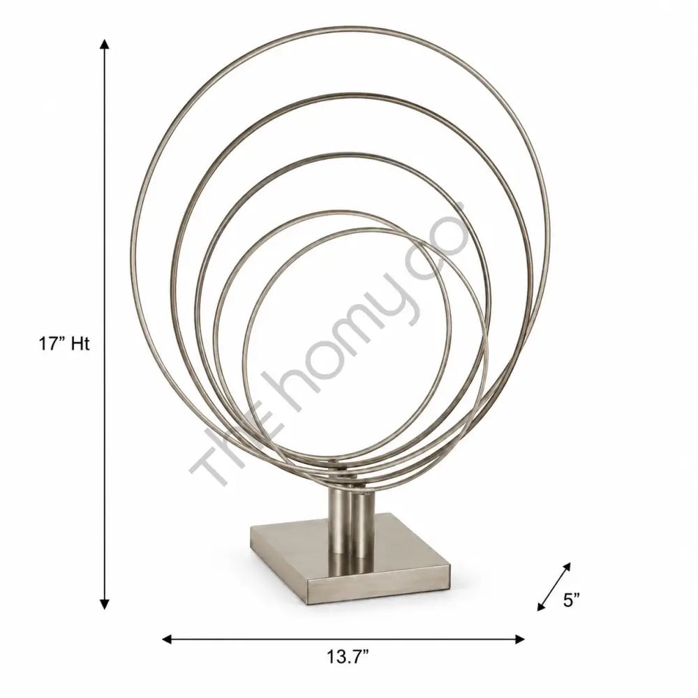 Modern abstract silver metal ring sculpture with a brushed finish on a sturdy black base for contemporary home decor. - 3
