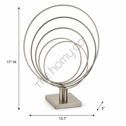 Modern abstract silver metal ring sculpture with a brushed finish on a sturdy black base for contemporary home decor. - 3