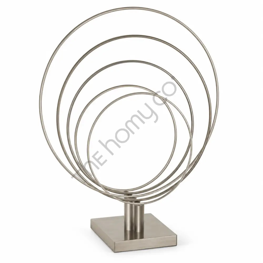 Modern abstract silver metal ring sculpture with a brushed finish on a sturdy black base for contemporary home decor.