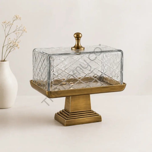 Modern Square Cake Stand with Glass Cover | Metal Dessert Serving Stand - Cake Stands