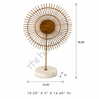 Modern sunburst gold metal table sculpture with marble base and wooden center for home and office decor. - 2
