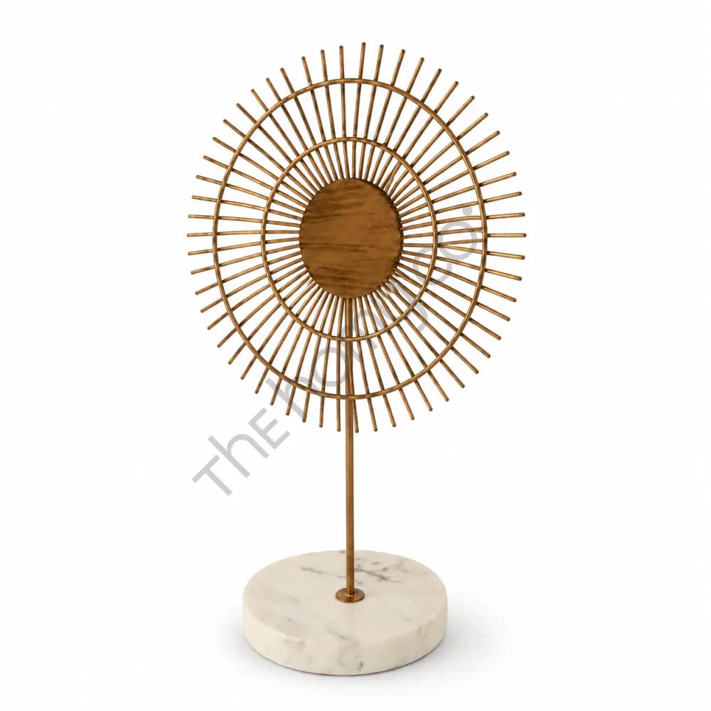 Modern sunburst gold metal table sculpture with marble base and wooden center for home and office decor. - 3