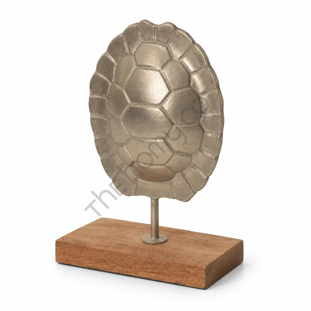 Modern metal turtle shell sculpture on a natural wooden base for elegant tabletop and office decor. - 2