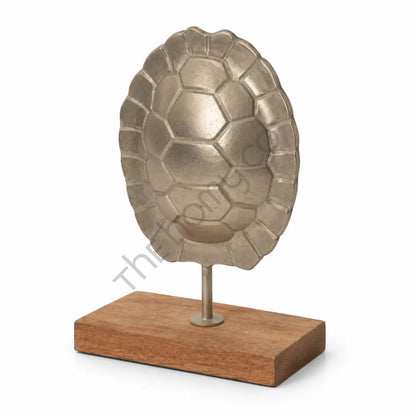 Modern metal turtle shell sculpture on a natural wooden base for elegant tabletop and office decor. - 2