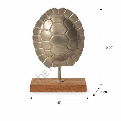Modern metal turtle shell sculpture on a natural wooden base for elegant tabletop and office decor. - 3