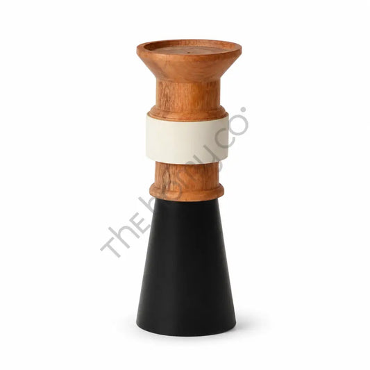 Modern wood and metal contemporary pillar candle stand with a unique layered design for home decor.