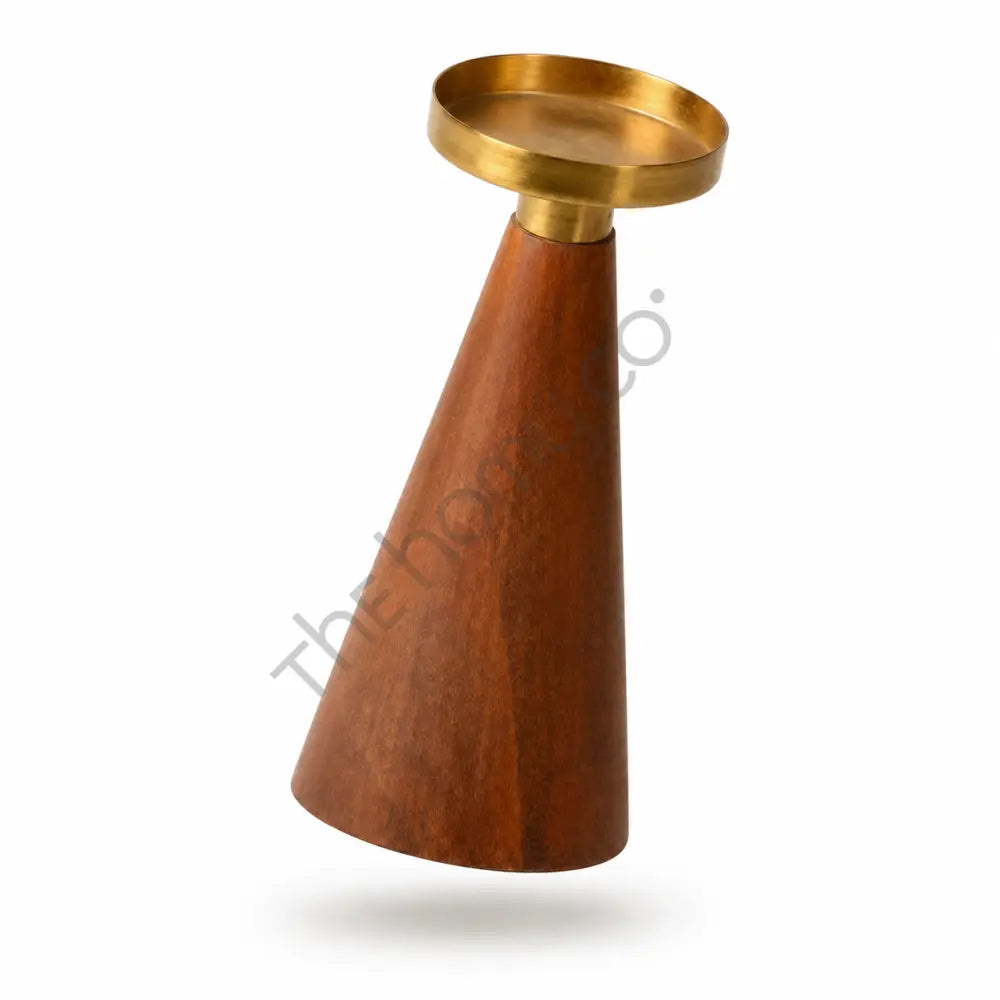 Modern wooden and brass candle holder with a minimalist conical design for contemporary home decor. - 3