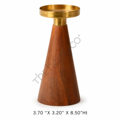 Modern wooden and brass candle holder with a minimalist conical design for contemporary home decor. - 2