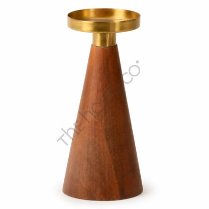 Modern wooden and brass candle holder with a minimalist conical design for contemporary home decor.