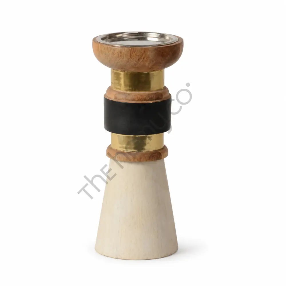 Modern wooden and metal candle holder with brass accents and natural wood grain for contemporary home decor.