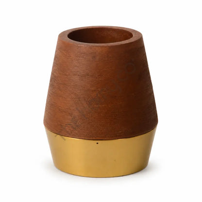 Modern wooden indoor plant pot with a brass base for succulents and home decor.