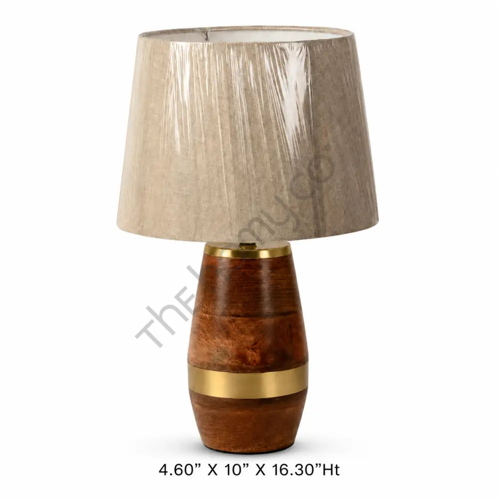 Modern wooden table lamp with a natural wood base, brass accents, and a soft beige fabric shade for home decor. - 2