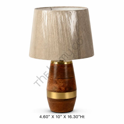 Modern wooden table lamp with a natural wood base, brass accents, and a soft beige fabric shade for home decor. - 2