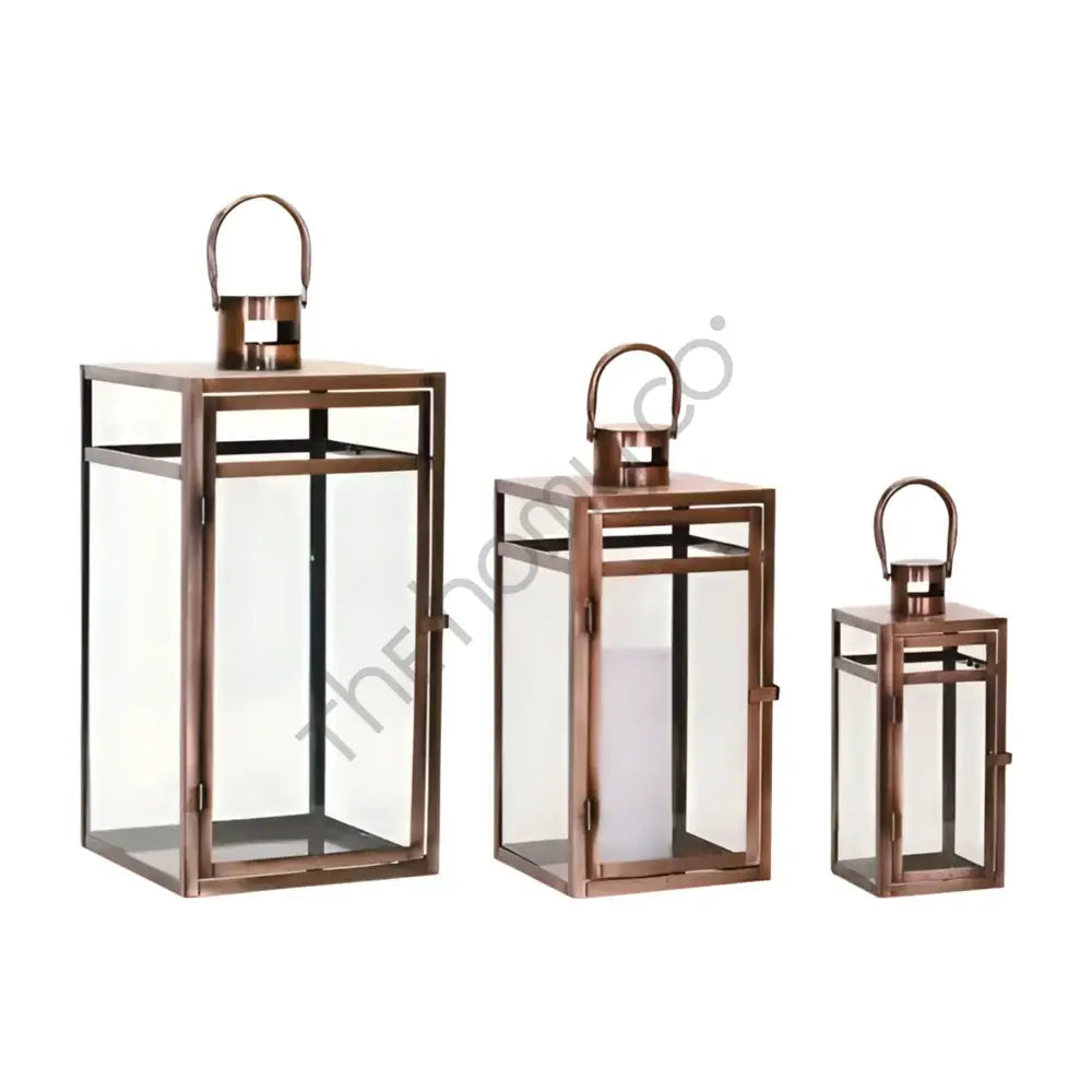 Bronze Moroccan iron lantern set with clear glass panels for festive candle holder decor. - 2