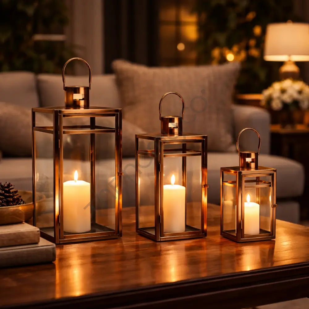 Bronze Moroccan iron lantern set with clear glass panels for festive candle holder decor. - 3
