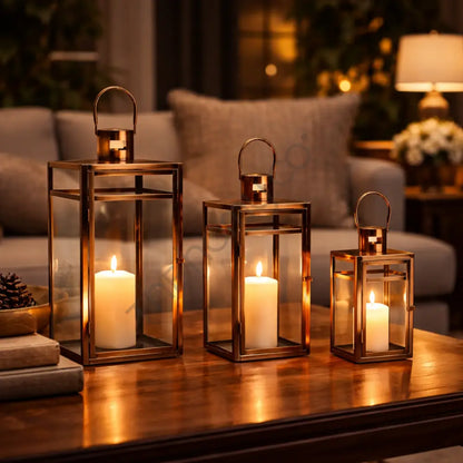 Bronze Moroccan iron lantern set with clear glass panels for festive candle holder decor. - 3